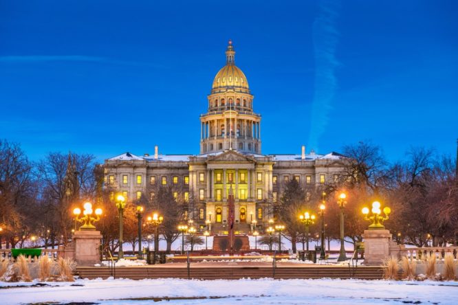 The Colorado State Capitol Building covered in snow 