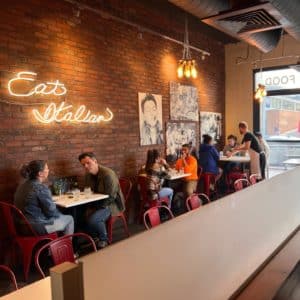 Neon sign and interiors at Denver's beloved Italian restauran DiFranco's