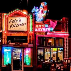 Neon lights and sign outside Pete’s Kitchen in Denver