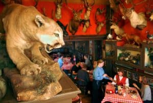 Taxidermy and seating at Buckhorn Exchange Restaurant in Denver