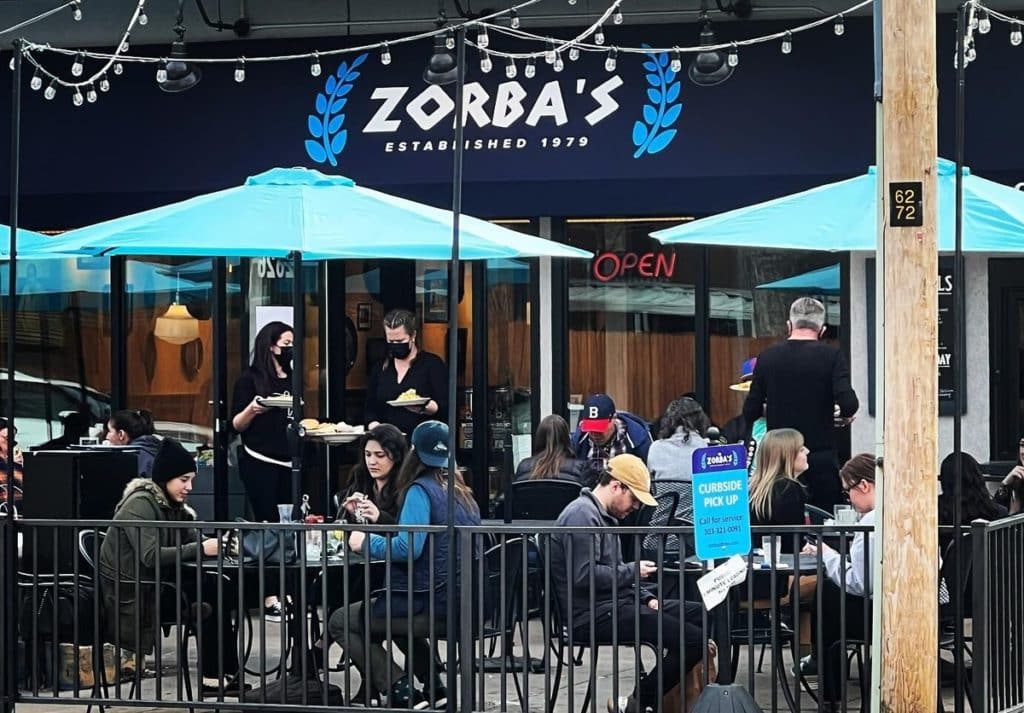 Exterior and patio at Greek restaurant Chef Zorba’s in Denver